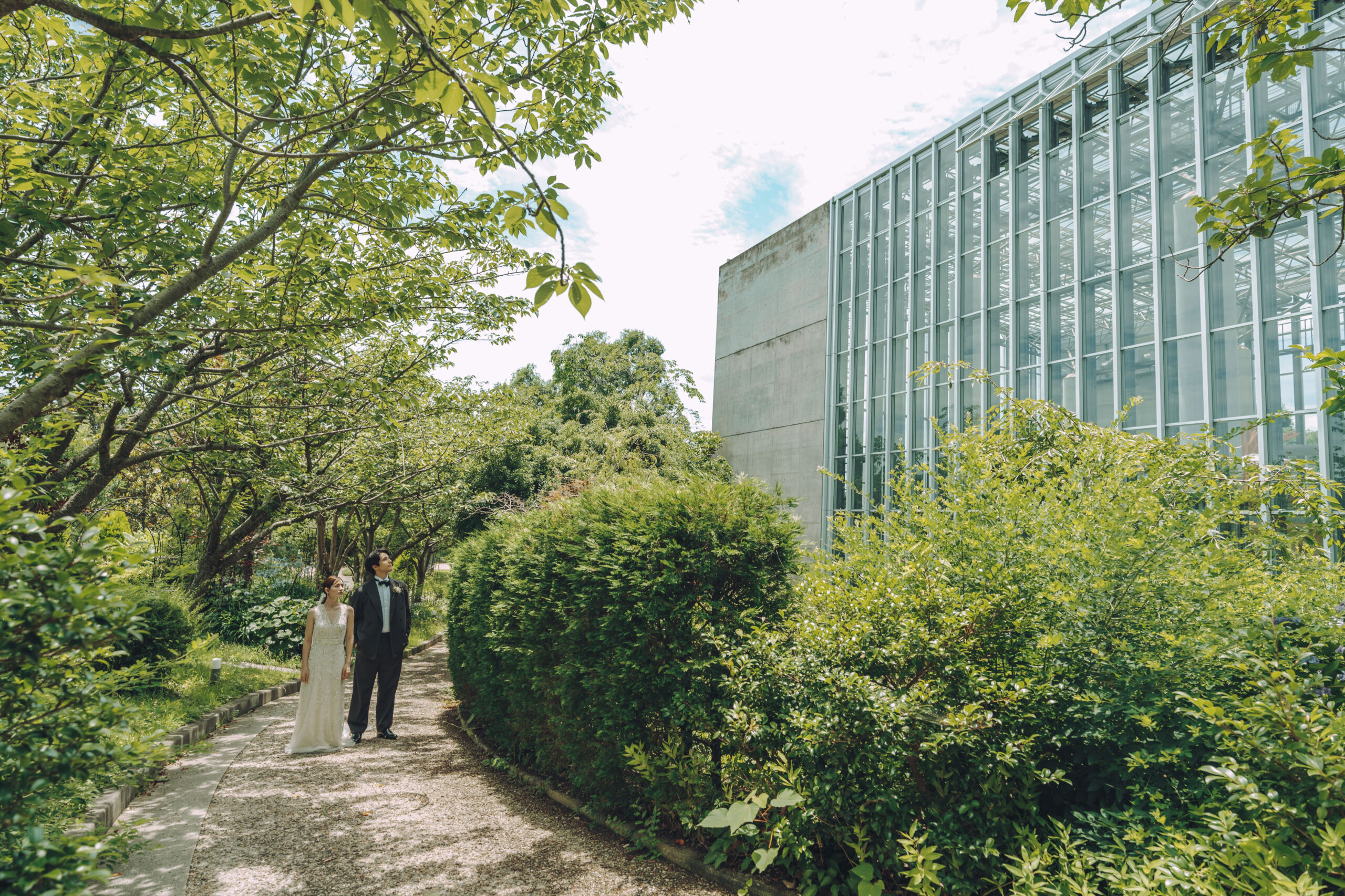 あわじグリーン館でのフォトウエディング 植物に包まれた絵画のような新郎新婦の一枚